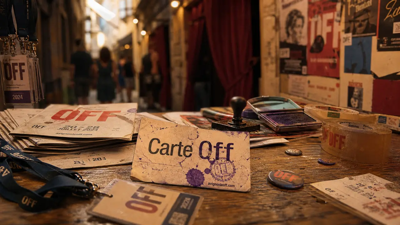 Avignon Festival et compagnie : carte Off et prospectus, scène en arrière-plan
