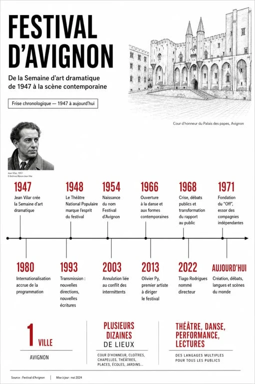 Création festival Avignon : frise chronologique de 1947 à 2022 autour de Jean Vilar et de la Cour d’honneur