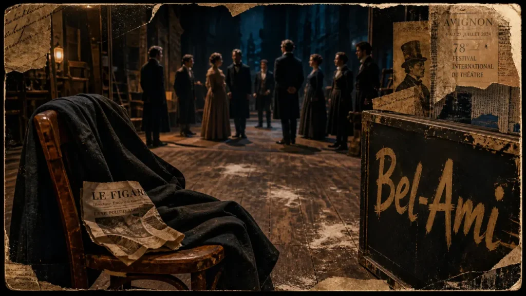 Bel ami festival avignon : scène de théâtre XIXe, affiche Bel-Ami