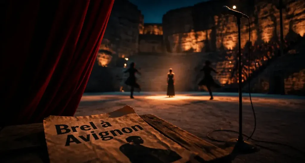 brel festival avignon : rideau rouge et micro sur scène