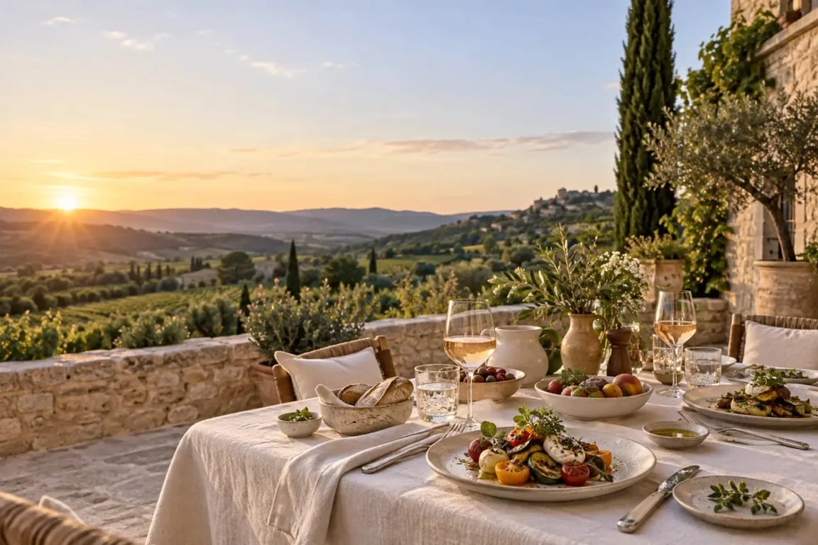 Restaurant gastronomique Luberon sur une terrasse avec vue sur les vignes