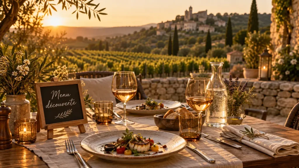 Terrasse d’un luberon restaurant gastronomique à Bonnieux, vue golden hour