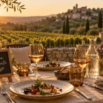 Terrasse d’un luberon restaurant gastronomique à Bonnieux, vue golden hour