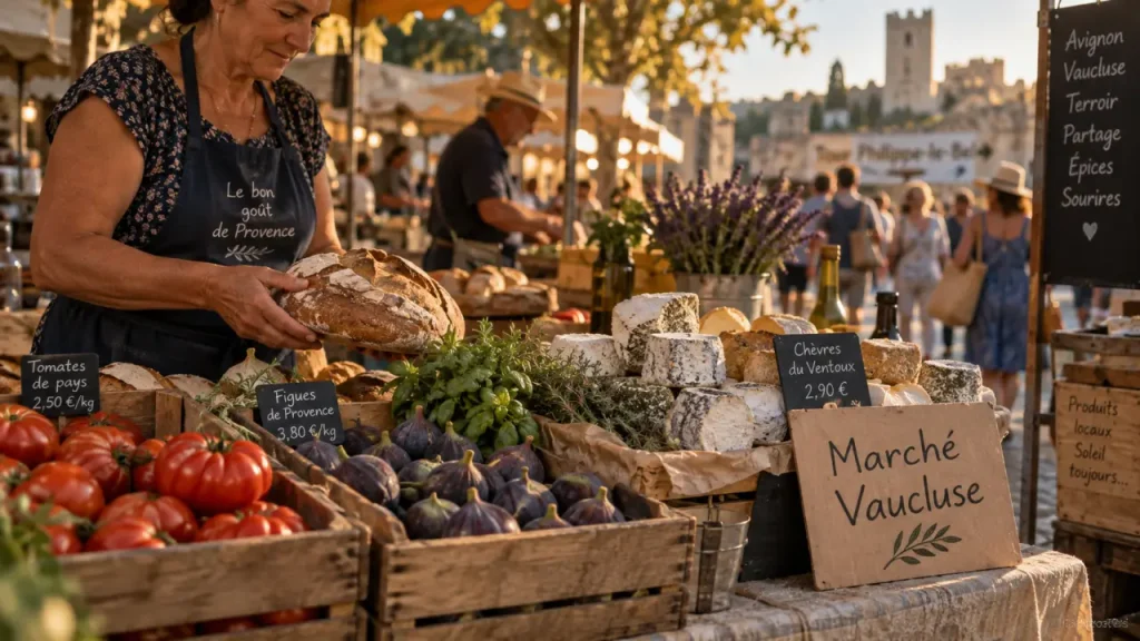 Marchés avignon alentours : étal avec tomates, fromages de chèvre et herbes au Grand Avignon