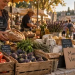 Marchés avignon alentours : étal avec tomates, fromages de chèvre et herbes au Grand Avignon