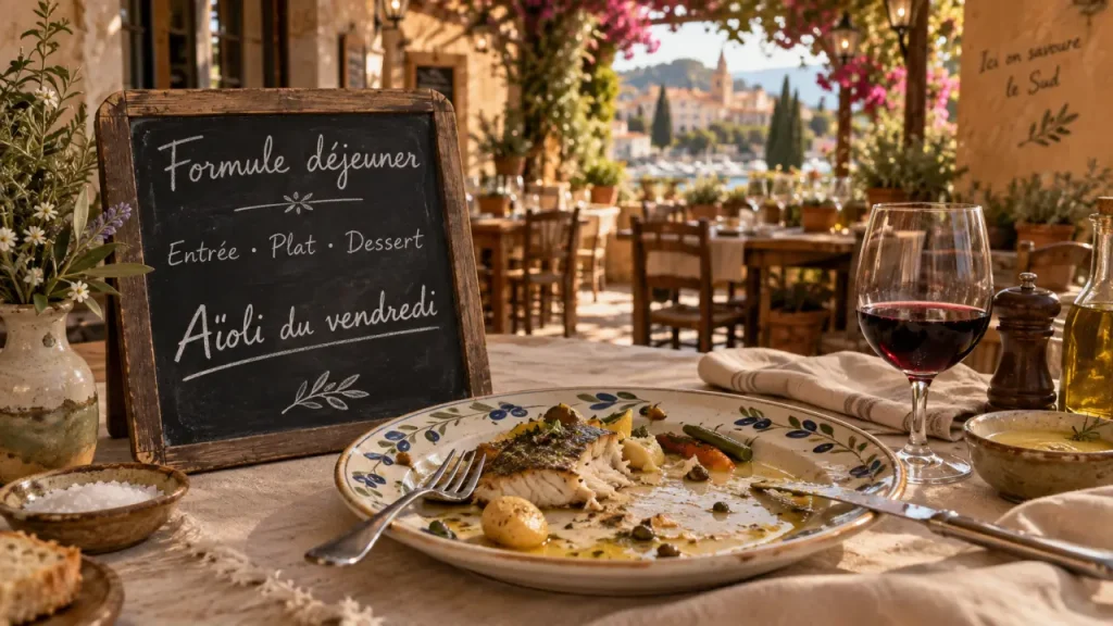 Restaurant de la tour avignon : ardoise menu et aïoli du vendredi