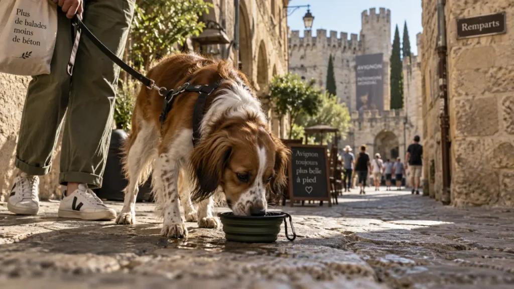 Visiter Avignon avec un chien : ruelle et remparts au soleil
