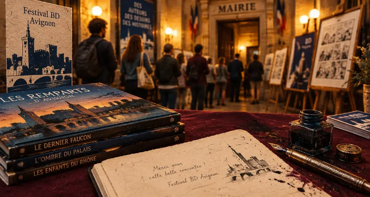 Festival bd avignon 2025 : pile de BD et carnet de dédicace devant le festival