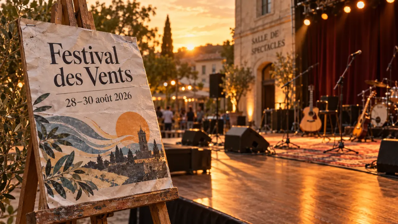 festival des vents morieres les avignon, affiche et scène de concert, 28–30 août 2026
