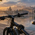 Visiter Avignon en velo : quai du Rhône près des remparts et du pont Saint-Bénézet