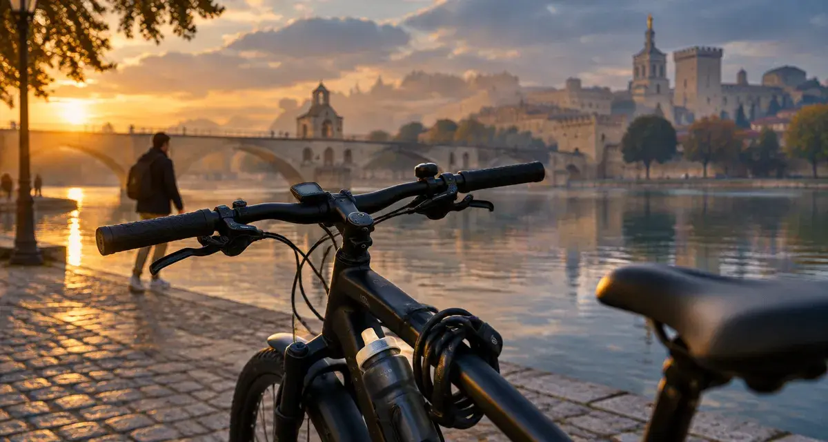 Visiter Avignon en velo : quai du Rhône près des remparts et du pont Saint-Bénézet